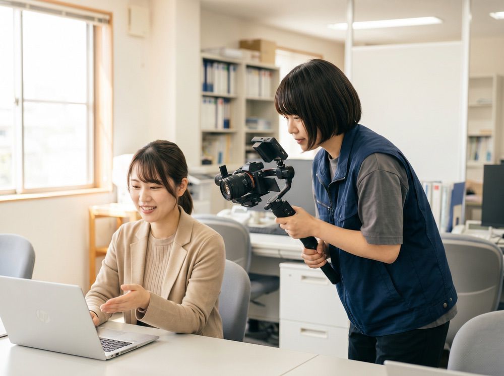 採用動画制作 - オフィスでジンバル撮影する女性カメラマンとインタビューに答える社員