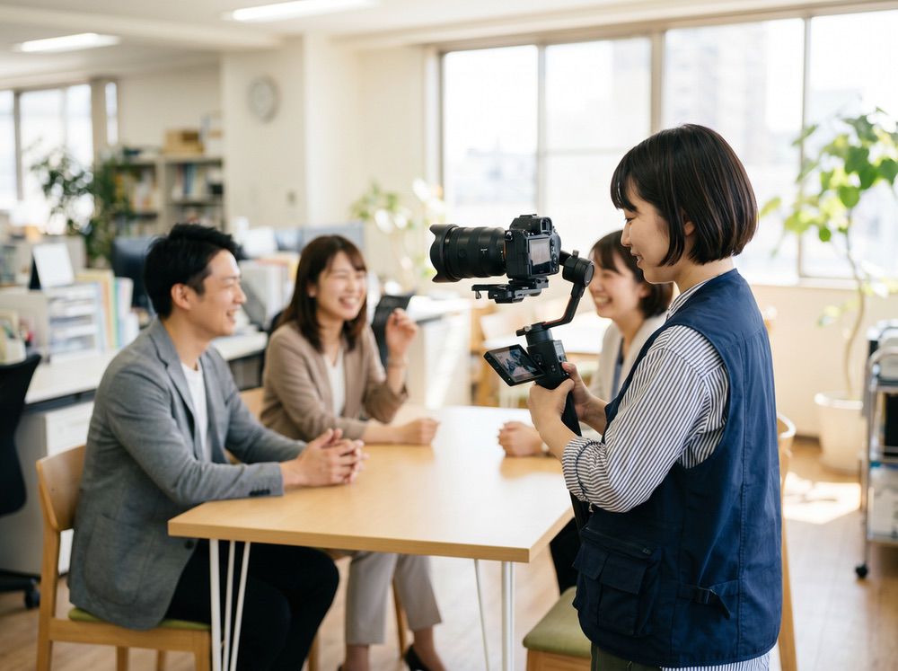 社員インタビュー撮影 - 複数社員の会話をジンバルで撮影する女性カメラマン
