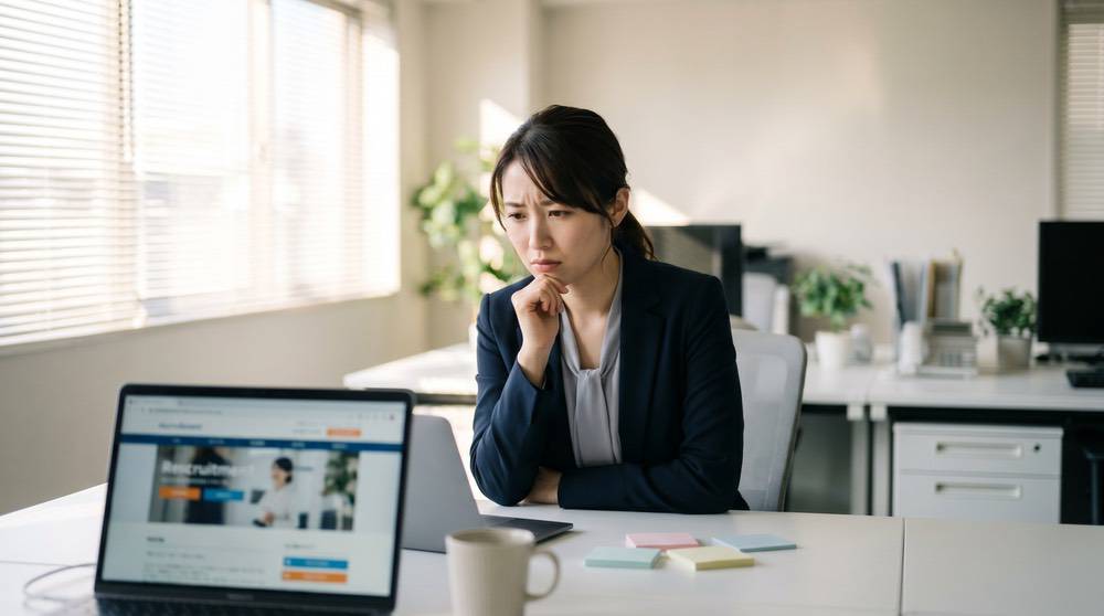 求人を出しても応募が集まらない - PCの前で悩む採用担当者